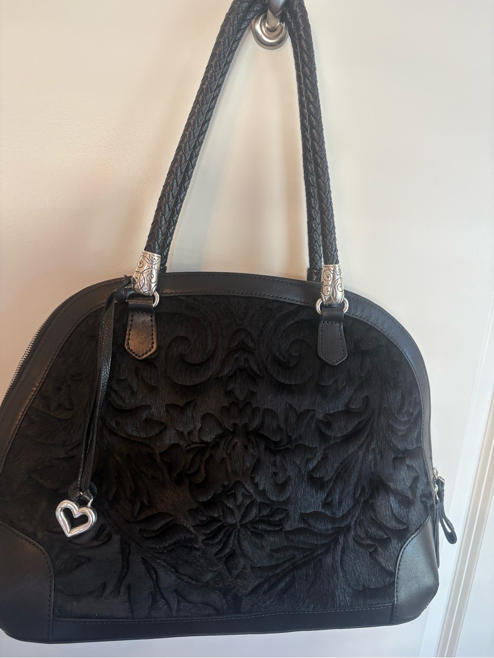 Brighton Black Embossed Floral Dome Satchel with Heart Charm - Picture 1 of 7